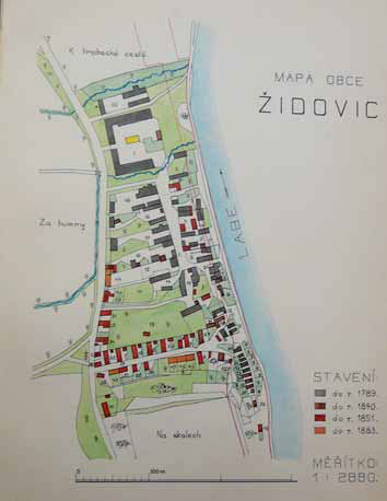 Pohled na mapku obce Židovice z období před 2. světovou válkou