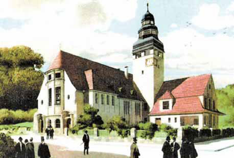 Kolorovaná pohlednice z počátku 20. století ukazující zamýšlenou stavbu